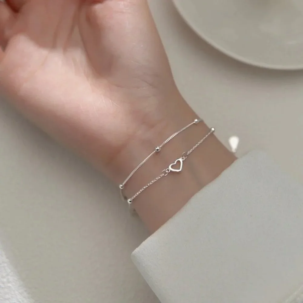 925 Sterling Silver Double Layer Bracelet Heart For Women Sweet Chain St… - Picture 3 of 6